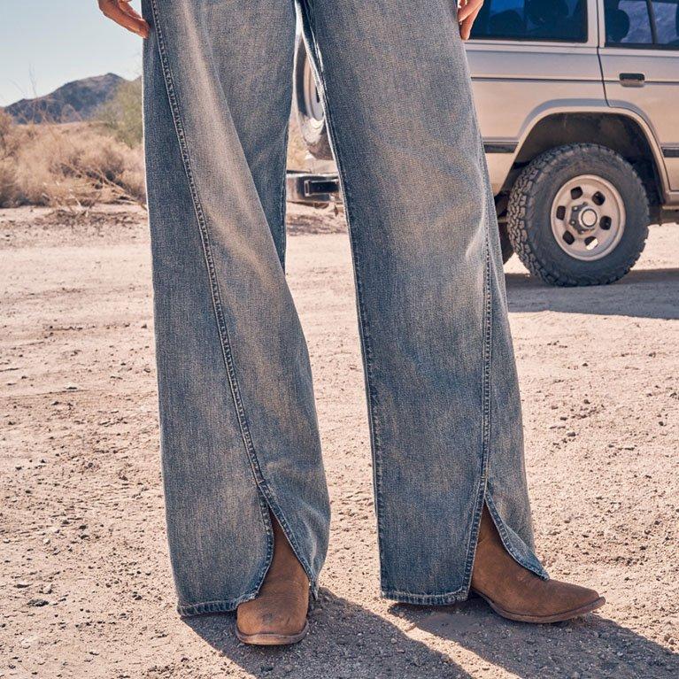 Girl wearing wide leg jeans