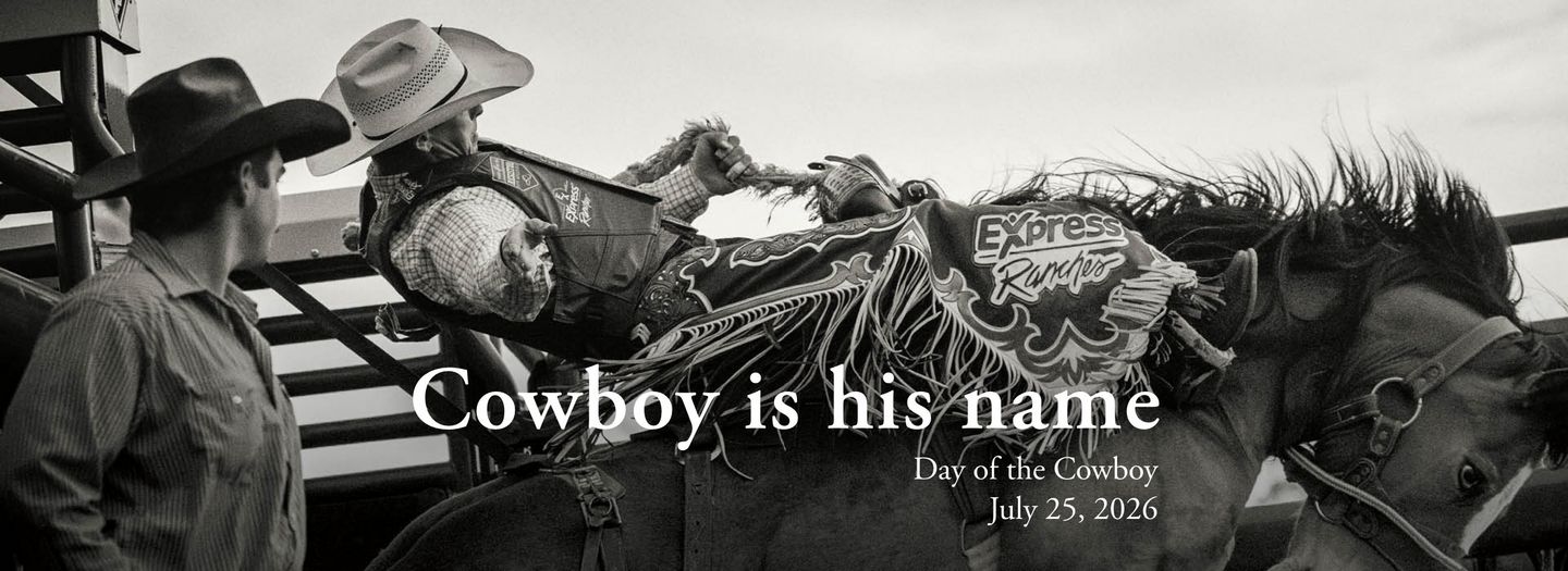 Wrangler celebrates Day of the Cowboy - professional rodeo scene with cowboys and bucking horse.