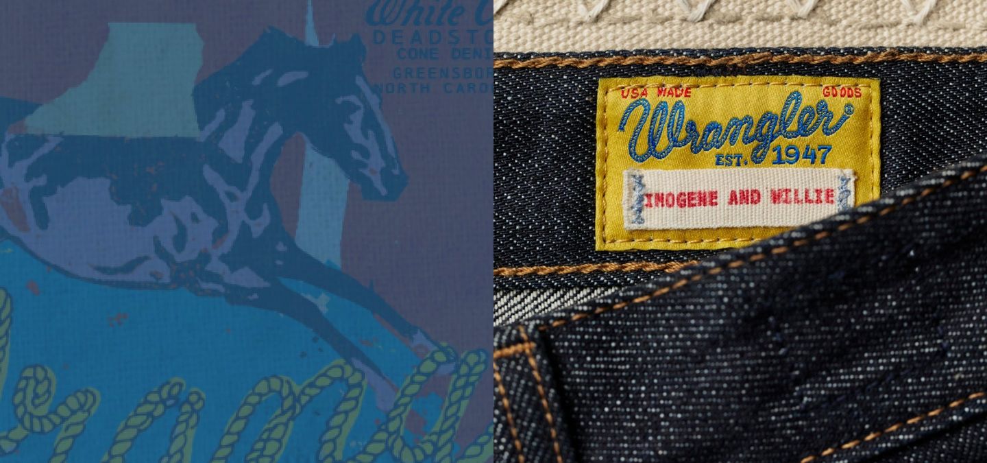 Close-up of the Wrangler x Imogene + Willie label on raw selvedge denim, beside a blue illustrated graphic.