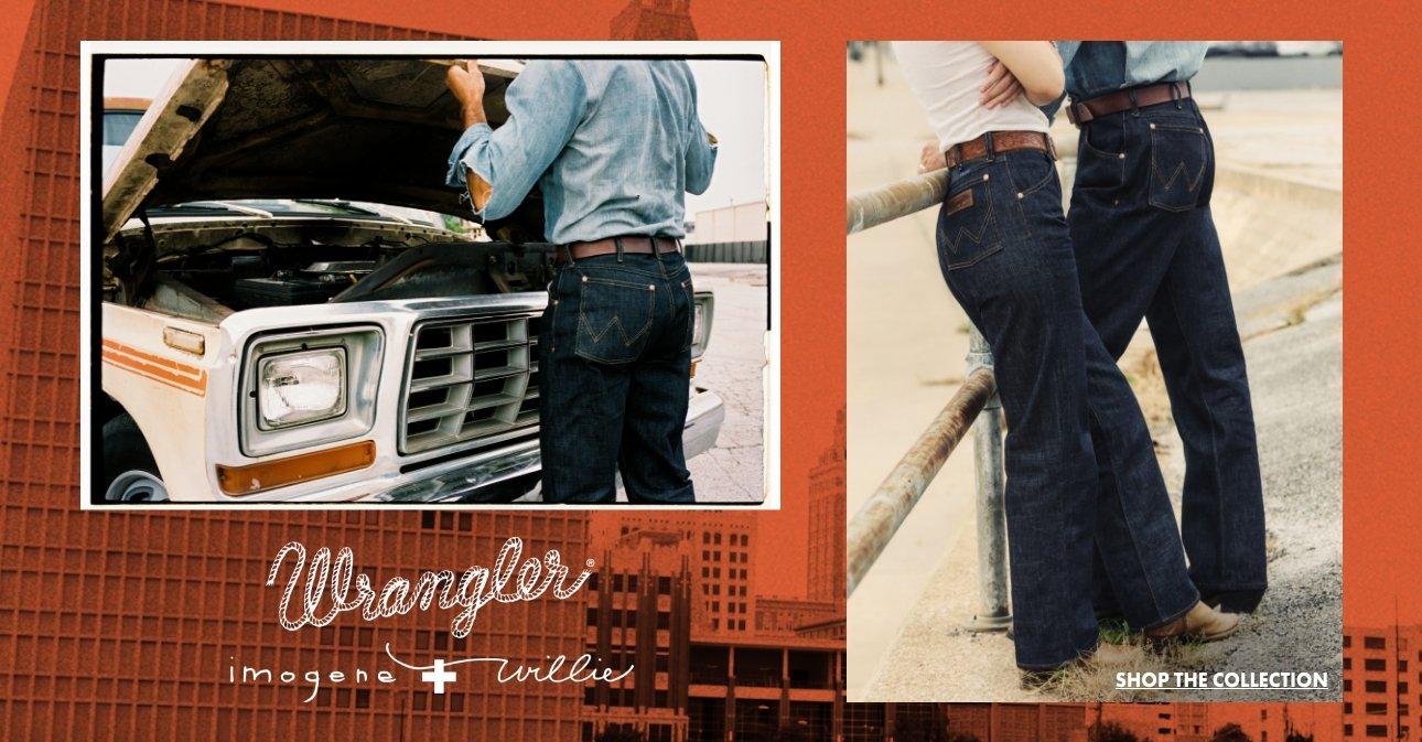 collage with one image of a man looking under the hood of a truck, wearing Wrangler x Imogene + Willie. the other image is a close up shot of the Wrangler x Imogene + Willie jeans. – Shop the Collection