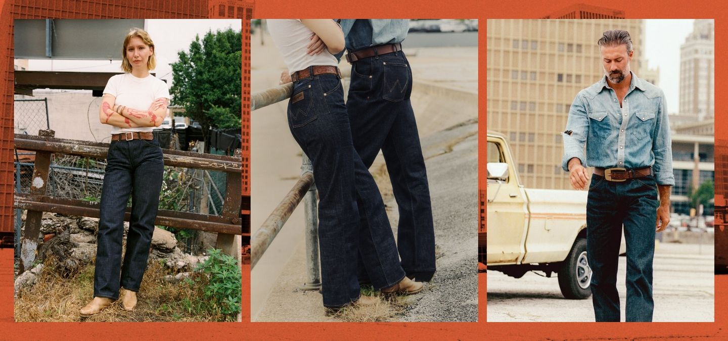 Wrangler x Imogene + Willie. Collage of people in the city with a retro truck, wearing the collection.