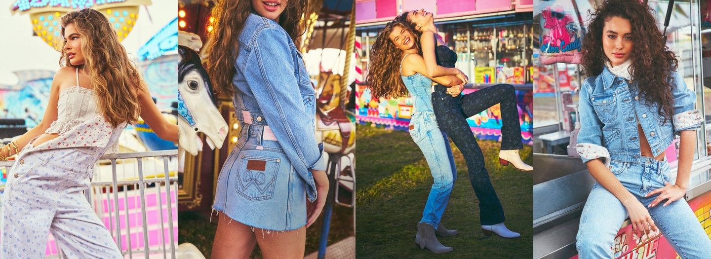 Collage of women at the carnival, wearing bright Wrangler x Loveshackfancy clothing.