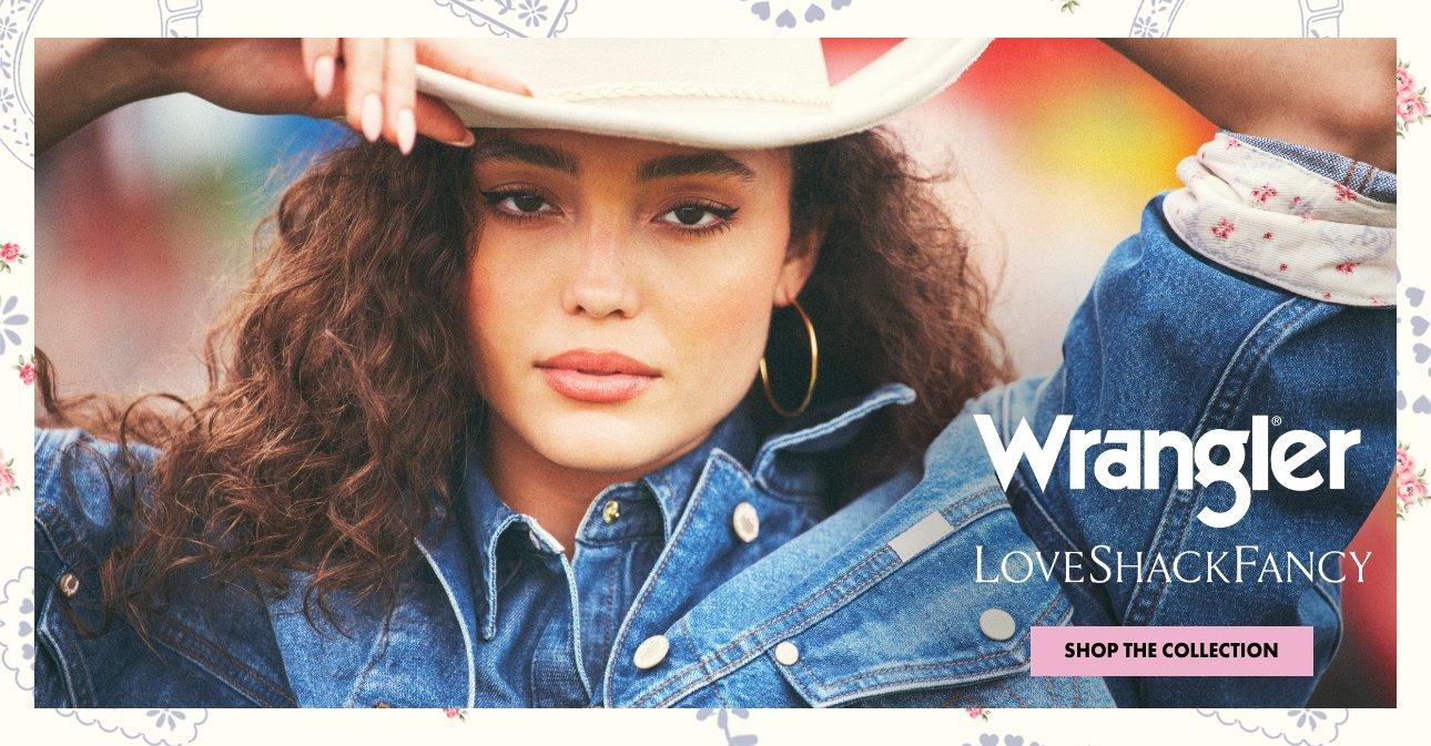 woman looking into the camera wearing Wrangler x LoveShackFancy - Shop Wrangler x LoveShackFancy