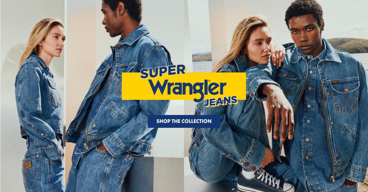 Collage of guy and girl wearing super jean - shop the collection