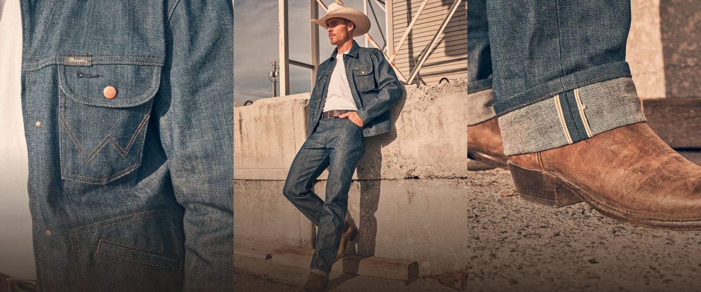 Collage of lifestyle and close of shots of a cowboy wearing Kurabo selvedge denim