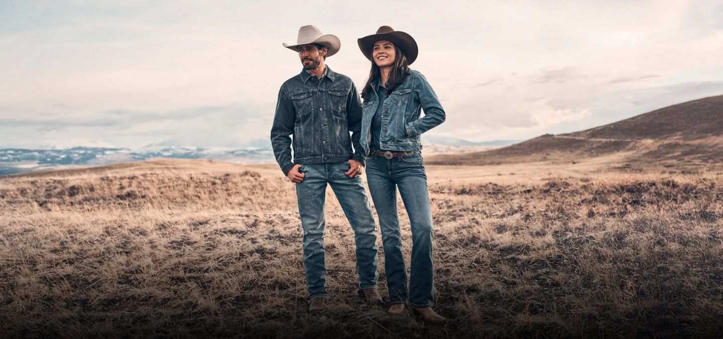 man and woman standing in a field wearing Wrangler denim on denim and cowboy hats