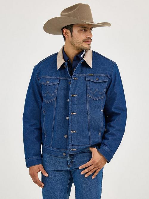 Man wearing lined denim wrangler jacket
