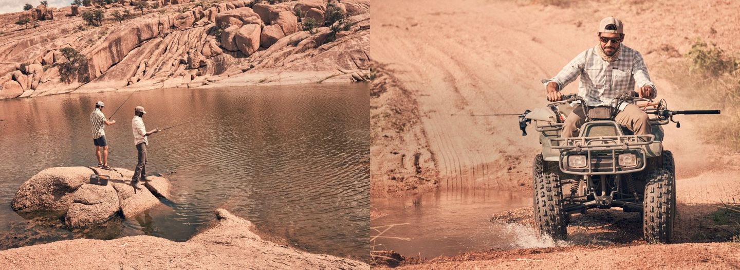 Collage of 2 images - a group of guys fishing on the left and a man on a 4-wheeler on the left.
