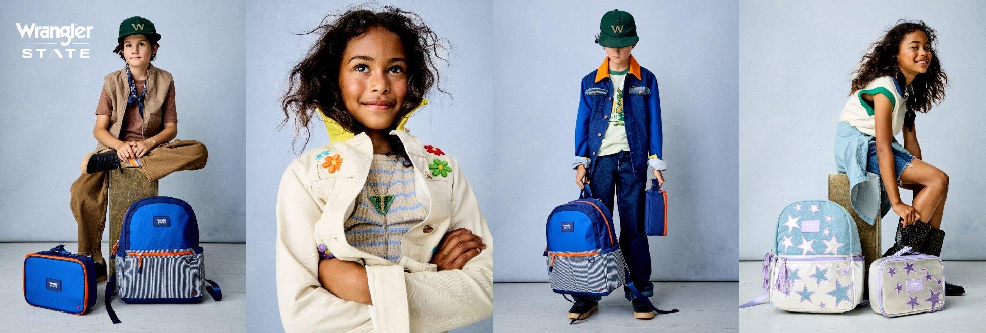 A collage of four children modeling Wrangler State back-to-school apparel and accessories.