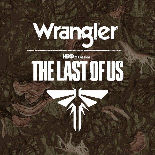 Wrangler x The Last Of Us logo overlaid on a background of fungus - Shop Wrangler x The Last of Us