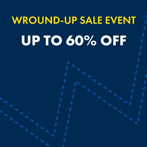 Blue square with white and yellow writing - Wroundup sale event, up to 60% Off Styles - Shop Now