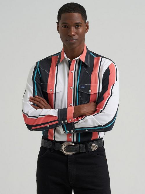 Man wearing Vibrant Wrangler Striped Brushpopper Shirt