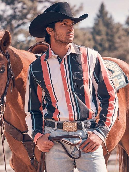 Man wearing a Wrangler Brushpopper button down shirt