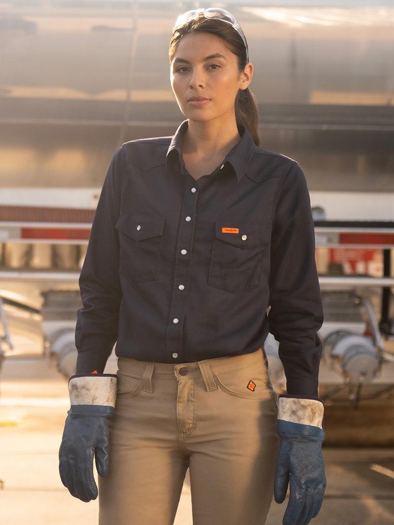 Woman in FR technical work shirt