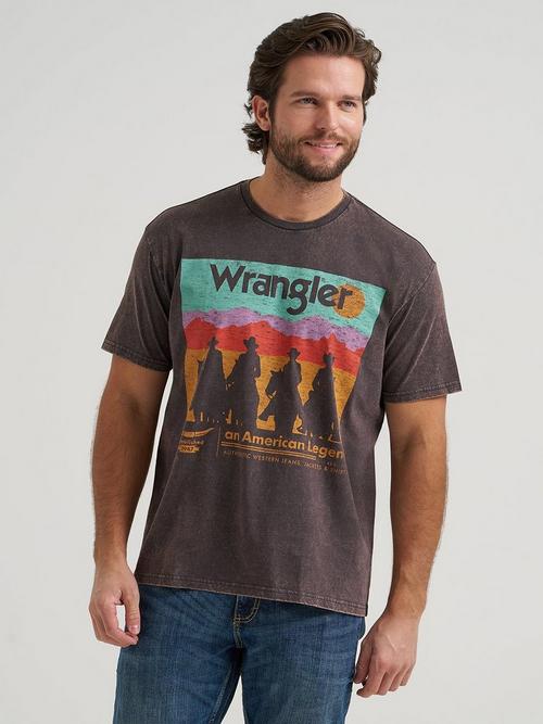 Man wearing Wrangler short sleeve black graphic T-shirt