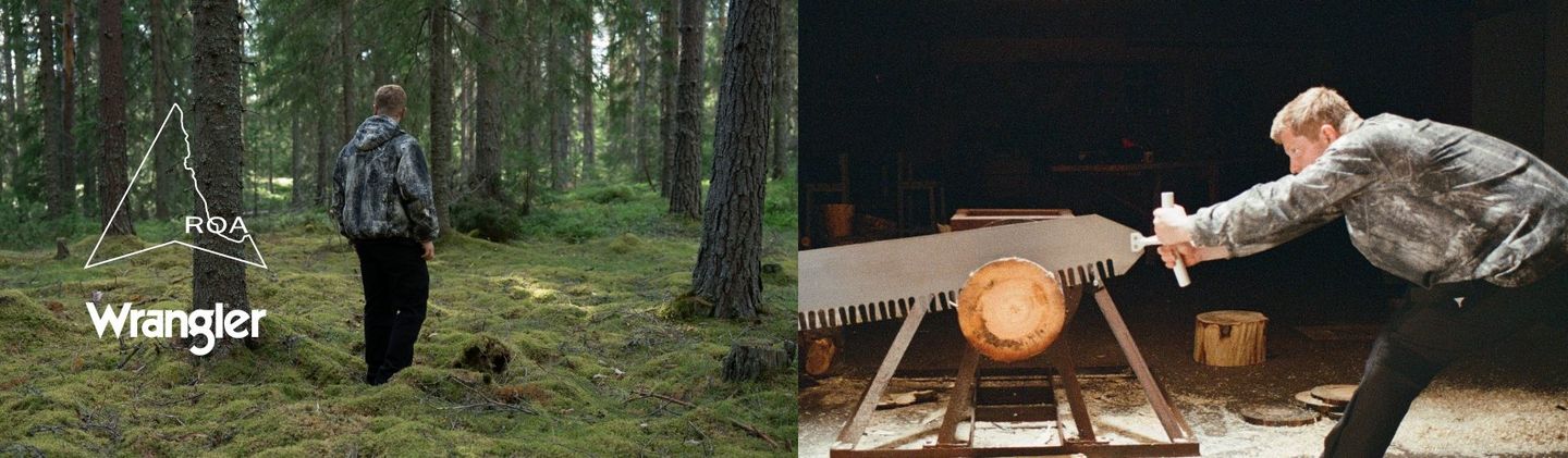 Collage of a woodsman cutting and sawing a tree - Wrangler x ROA