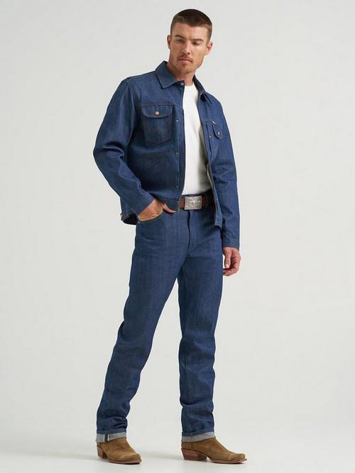 Man wearing Wrangler selvedge jeans