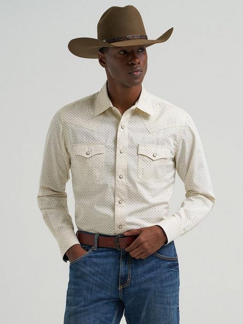 Man wearing black Wrangler snap shirt
