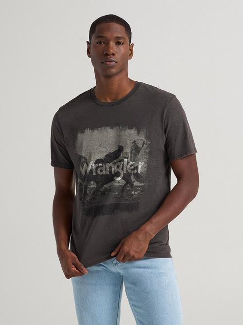 Man wearing Wrangler short sleeve black graphic T-shirt
