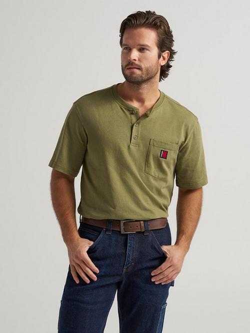 Man wearing wrangler short sleeve henley