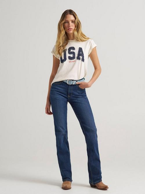 Women wearing Wrangler straight leg jeans