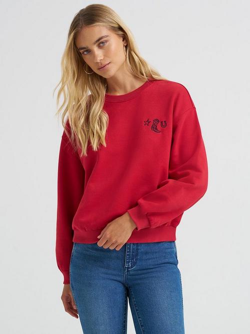 Women wearing Wrangler red pullover sweatshirt