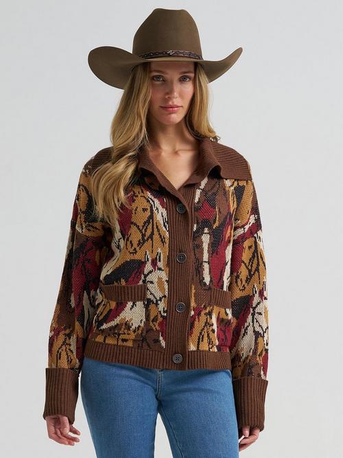 Women wearing wrangler horse cardigan