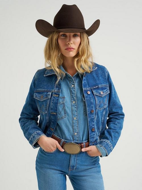 Women wearing wrangler denim jacket