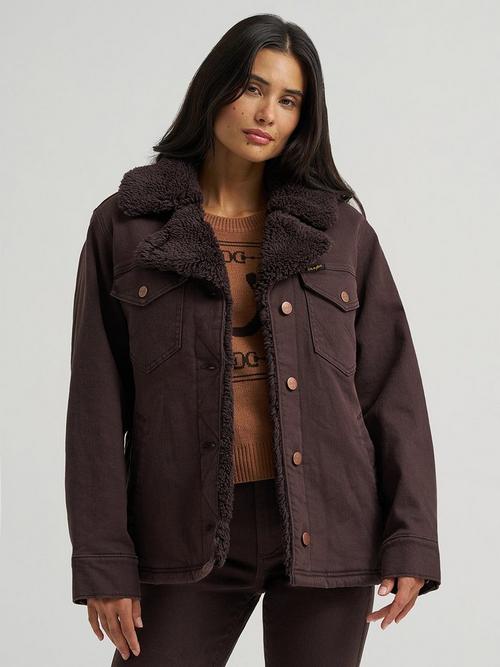 Women wearing Wrangler denim sherpa jacket