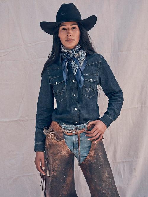 Women wearing Wrangler western denim shirt