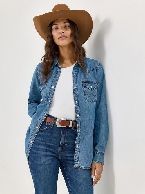 Women wearing Wrangler denim snap down shirt