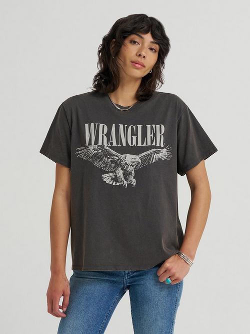 Women wearing wrangler black tee with eagle detail
