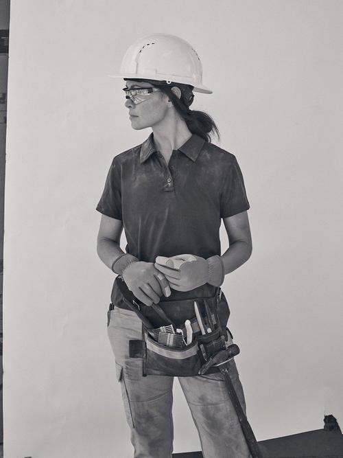 Black and White Photo of a Women in a hard hat